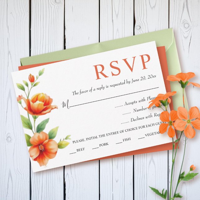 Cartão RSVP Ramo de aquarela com flores laranja casamento (Criador carregado)