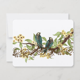 Cartão RSVP Ramo de Flor Amarela Vintage Pássaros Casamento RS