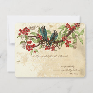 Cartão RSVP Ramo de Flor Vermelha Casamento Vintage Pássaros R