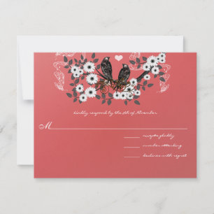 Cartão RSVP Ramo de Flor Vermelha Vintage Pássaros de Amor Cas