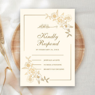 Cartão RSVP Ramo de Folhas Florais Creme e Dourado Casamento M