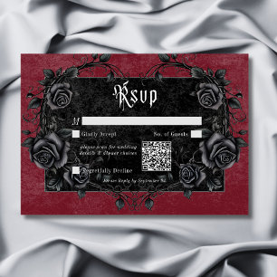 Cartão RSVP Raven Preto Gótico e Rosas Borgonha Código QR