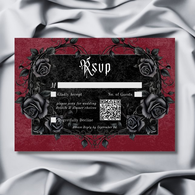 Cartão RSVP Raven Preto Gótico e Rosas Borgonha Código QR (Gothic Black Raven & Roses Burgundy QR Code RSVP Card)