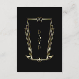Cartão RSVP Real Dourada Arte Negra Deco Monograma Casamento R