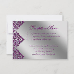 Cartão RSVP Recepção de Casamento Damask Roxo Brilho Prata