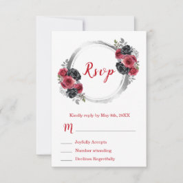 Cartão RSVP Red and Silver Elegant Flowers Sweet Sixteen