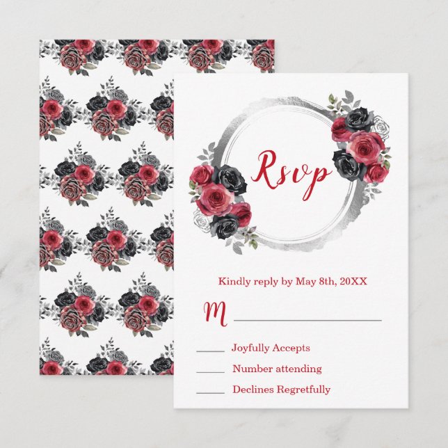 Cartão RSVP Red and Silver Elegant Flowers Sweet Sixteen (Frente/Verso)