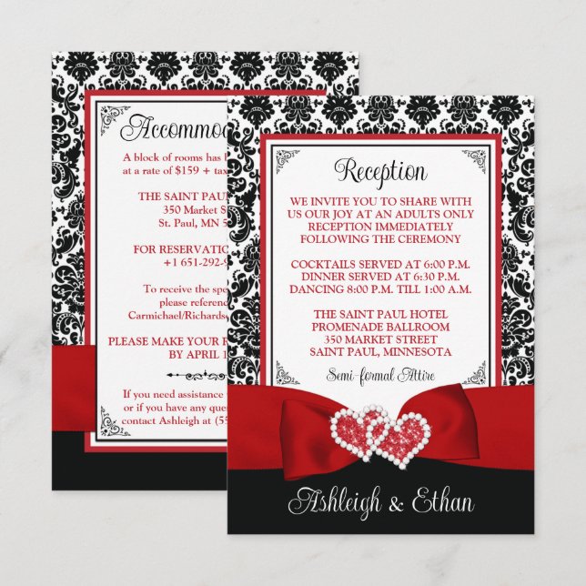 Cartão RSVP Red, Black, White Damask, Love Hearts Enclosure (Frente/Verso)