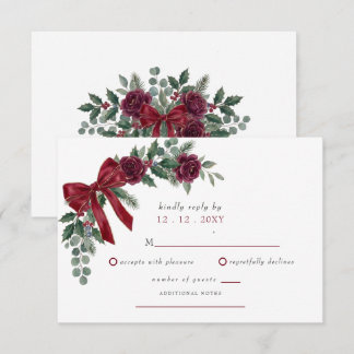 Cartão RSVP Red Bow Botanical Floral Winter Christmas Wedding