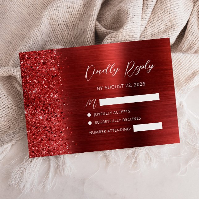 Cartão RSVP Red Brushed Metal Glitter Script Wedding (Criador carregado)