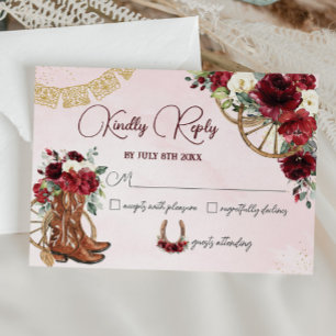 Cartão RSVP Red Burgundy Floral Charro West Quinceañera Respos
