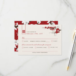 Cartão RSVP Red Cherry Blossoms Sakura Nadou Casamento Asiátic