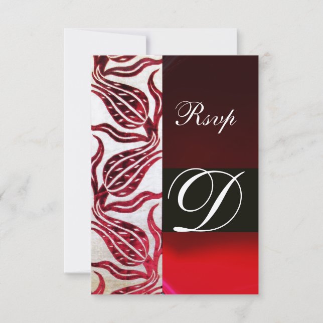 Cartão RSVP RED DAMASK VELVET TULIPS MONOGRAMA Burgunha Dourad (Frente)