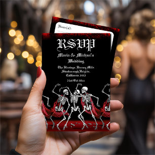 Cartão RSVP Red Death Dancing Skeletons Casamento Gótico