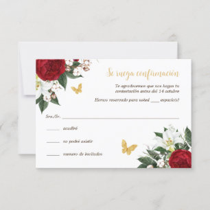 Cartão RSVP Red Dourado Quinceañera em espanhol