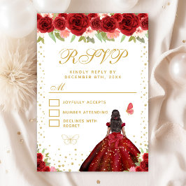 Cartão RSVP Red Floral Dark Skin Princess Sweet