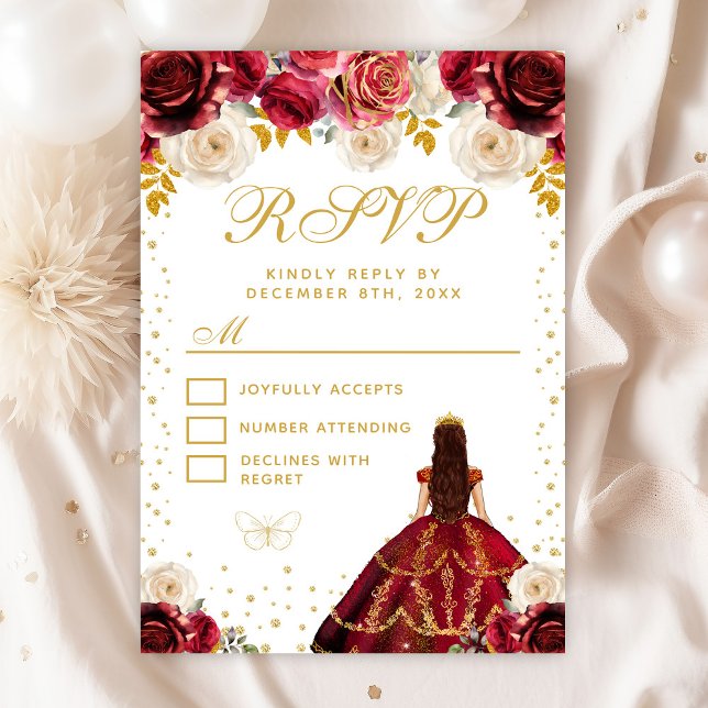 Cartão RSVP Red Floral Princess Quinceañera (Criador carregado)