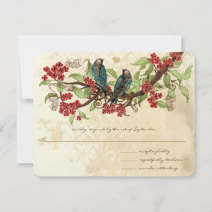 Cartão RSVP Red Floral Vintage Birds Sentadas em Casamento de