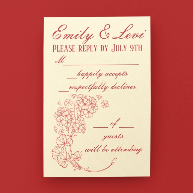 Cartão RSVP Red Geraniums em Beige Wedding (Criador carregado)