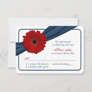 Cartão RSVP Red Gerber Daisy Marinho Blue Ribbon Casamento RSV