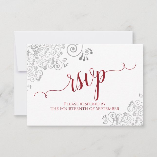 Cartão RSVP Red on White Elegant Calliografia Frilly Casamento (Frente)