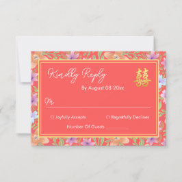 Cartão RSVP Red Peranakan floral duplo xi casamento chinês