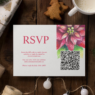 Cartão RSVP Red Poinsettia Winter Christmas Weding QR Code