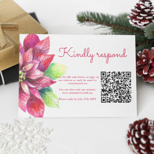 Cartão RSVP Red Poinsettia Winter Christmas Weding QR Code