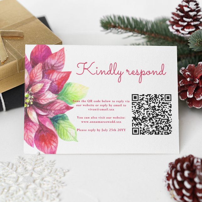 Cartão RSVP Red Poinsettia Winter Christmas Weding QR Code (Criador carregado)