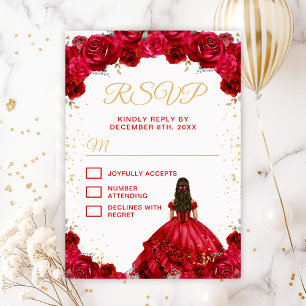 Cartão RSVP Red Princess Floral Quinceañera