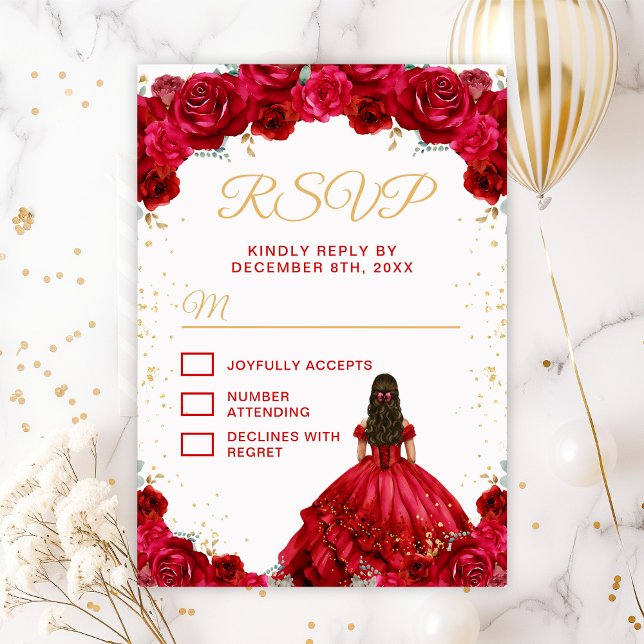 Cartão RSVP Red Princess Floral Quinceañera (Criador carregado)