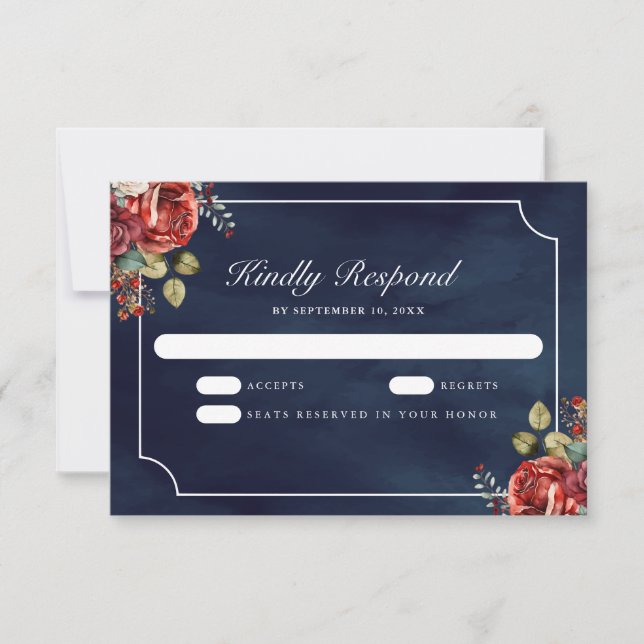 Cartão RSVP Red Roses Floral Navy Blue Wedding (Frente)