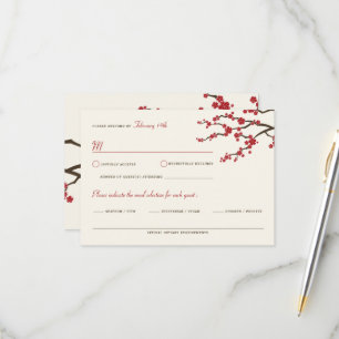 Cartão RSVP Red Sakura Flowers Cherry Blossoms Casamento Asiát