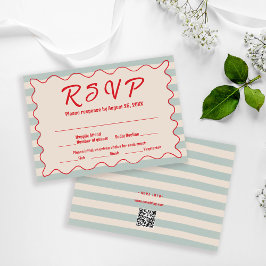 Cartão RSVP Red Script Blue Stripes QR Code Retro Wedding