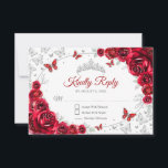 Cartão RSVP Red Silver Floral Quinceanera Reply<br><div class="desc">Red silver floral Quinceanera RSVP reply card. Features,  script font,  silver butterflies,  watercolor roses and tiara. Perfect for an elegant princess style glam celebration. Personalize with your own details.</div>