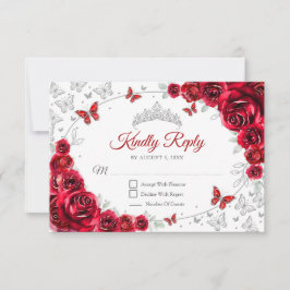 Cartão RSVP Red Silver Floral Quinceanera Reply