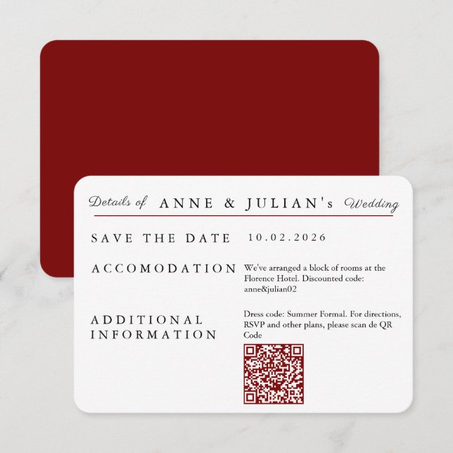 Cartão RSVP Red Simple Wedding Invitation Details Card (Frente/Verso)