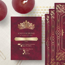 Cartão RSVP Red Tiara Crown Elegante Quinceanera