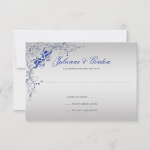 Cartão RSVP Redemoinhos florais de prata azuis ornamentado