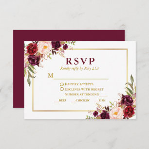 Cartão RSVP Refeição De Casamento Dourado Floral Elegante Burg