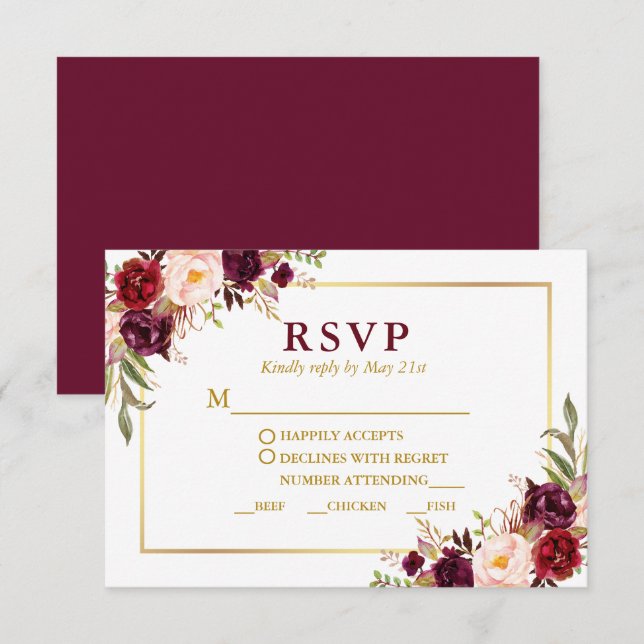 Cartão RSVP Refeição De Casamento Dourado Floral Elegante Burg (Frente/Verso)