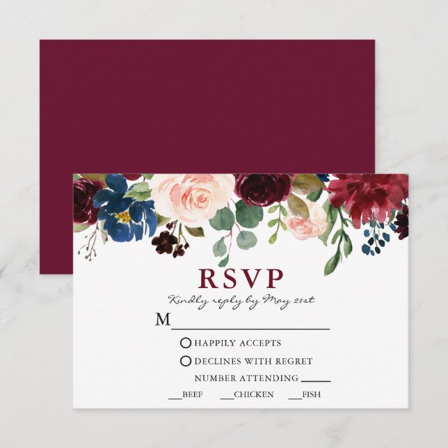 Cartão RSVP Refeição De Casamento Elegante Floral Da Watercolo (Frente/Verso)