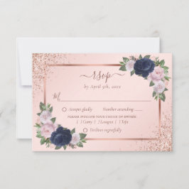 Cartão RSVP Refeição De Casamento Floral Azul De Marinho Doura