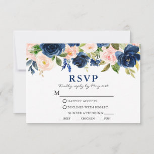 Cartão RSVP Refeição De Casamento Floral Clássico Azul Cor-De-