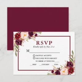 Cartão RSVP Refeição De Casamento Floral Moderna Burgundy