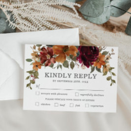 Cartão RSVP Refeição De Casamento Floral Rustic Burgundy Burnt