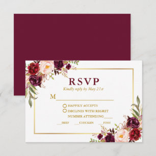 Cartão RSVP Refeição Dourada de Casamento da Borgonha