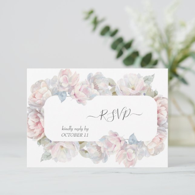 Cartão RSVP Refeição Romântica De Casamento Floral Peony Blush (Em pé/Frente)