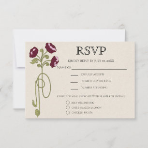 Cartão RSVP Refeições de Flores Rosa Borgonha Art Nouveau Vint