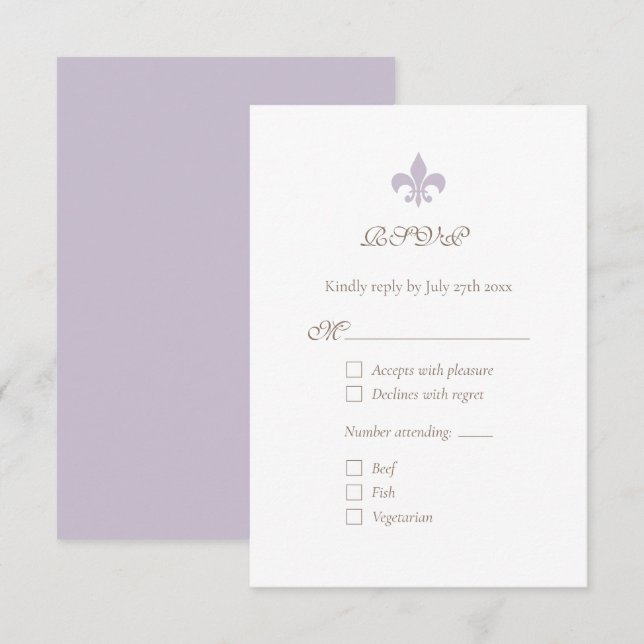 Cartão RSVP Regência Francesa Roxo Fleur de Lis Chic (Frente/Verso)